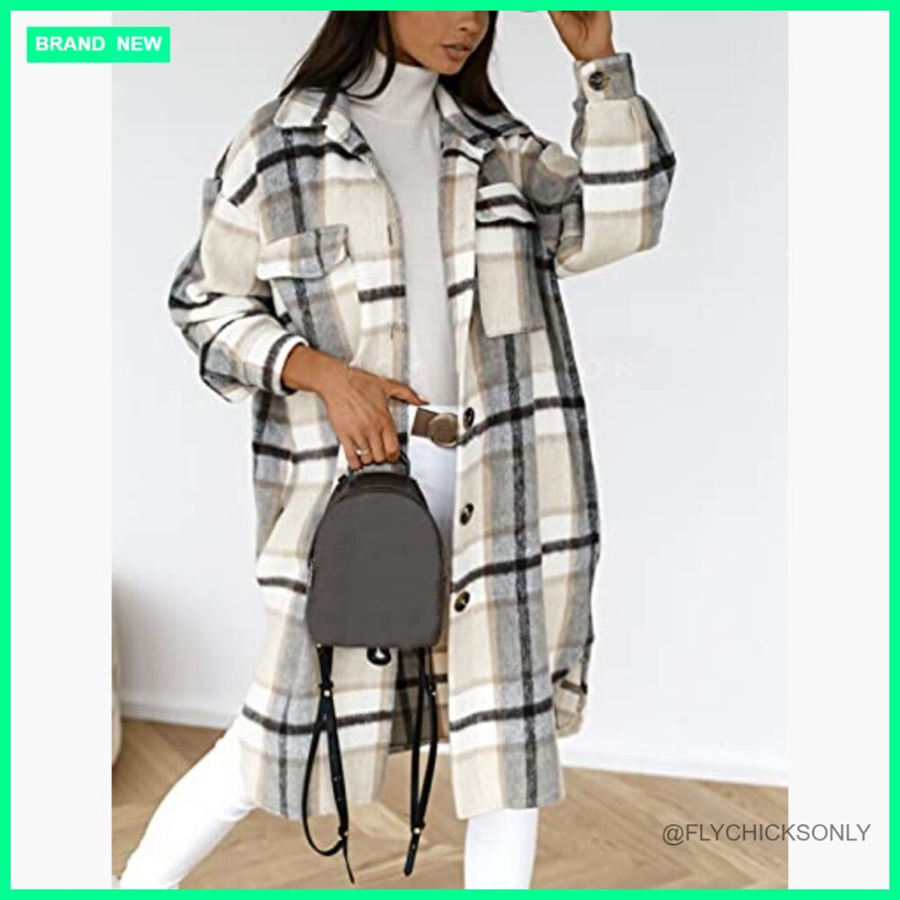 Polyester Blend Oversized Long Plaid Shacket Jack… - image 2